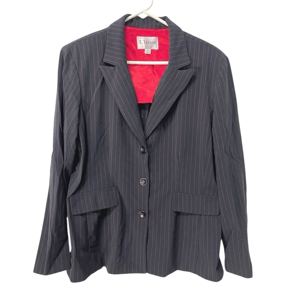 J. Taylor 18‎ Navy Blue Pinstripe Blazer Jacket Red Lining Office Dark Academia